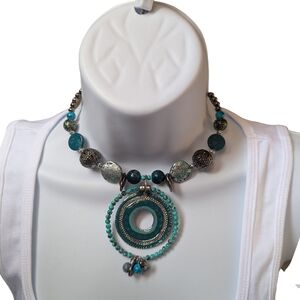 AQ7 - Gunmetal Toned Teal Colored Large Pendant Beaded Wrap Choker Necklace